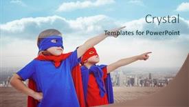  Presentation with horizon - Colorful slide set enhanced with masked kids pretending to be superheroes against city on the horizon backdrop and a sky blue colored foreground