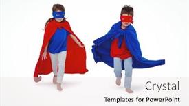  Presentation with kids - Colorful slide set enhanced with masked-kids-running-pretending backdrop and a sky blue colored foreground
