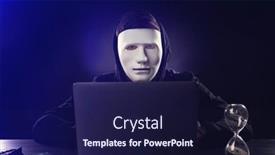  Presentation with server - Amazing PPT theme having masked-man-hacking-server backdrop and a navy blue colored foreground