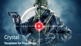  Presentation with charging gun man hands charging - Beautiful slide deck featuring masked terrorist man with gun backdrop and a ocean colored foreground