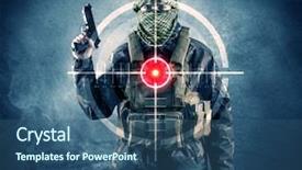  Presentation with laser - Slide deck having masked terrorist man with gun background and a ocean colored foreground