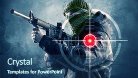  Presentation with laser - PPT layouts enhanced with masked terrorist man with gun background and a ocean colored foreground