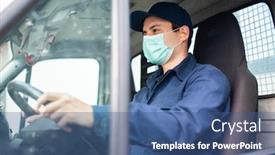  Presentation with driving - Beautiful presentation theme featuring masked-truck-driver-giving-driving backdrop and a ocean colored foreground