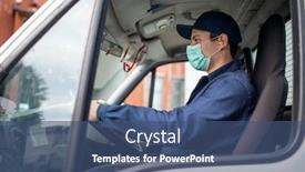  Presentation with driving - Cool new slide set with masked-truck-driver-giving-driving backdrop and a ocean colored foreground