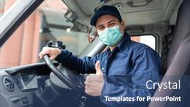  Presentation with truck driver - PPT layouts having masked-truck-driver-giving-thumbs background and a ocean colored foreground