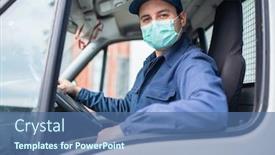 Presentation with truck driver - Presentation theme having masked-van-or-truck-driver background and a ocean colored foreground