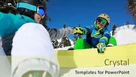  Presentation with snowboard - Beautiful PPT theme featuring masked-woman-doing-handshake backdrop and a blonde colored foreground