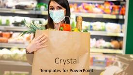  Presentation with grocery bag - Audience pleasing PPT layouts consisting of masked-woman-holding-an-healthy backdrop and a coral colored foreground