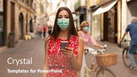  Presentation with walking - Presentation theme consisting of masked-young-woman-walking background and a coral colored foreground