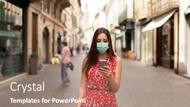  Presentation with walking - PPT theme having masked-young-woman-walking background and a coral colored foreground