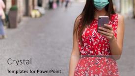  Presentation with walking - Presentation theme with masked-young-woman-walking background and a light gray colored foreground