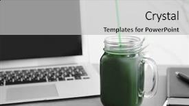  Presentation with mason jar - Cool new theme with vegan protein powder - mason jar with spirulina drink backdrop and a light gray colored foreground