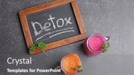  Presentation with juices - PPT theme consisting of mason jars of vegetable juices and small chalkboard with word detox on table background and a gray colored foreground