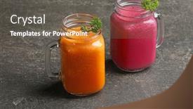  Presentation with juices - Audience pleasing presentation consisting of mason jars with fresh vegetable juices on table backdrop and a tawny brown colored foreground