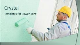  Presentation with high rise building - Presentation theme having masonbuilding - builder worker painting facade background and a sky blue colored foreground