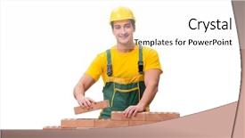  Presentation with safety construction worker in construction - Slide set enhanced with masonbuilding - handsome construction worker building brick background and a white colored foreground