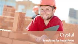  Presentation with construction red - Presentation design having masonry - construction worker portrait of mason background and a coral colored foreground