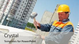  Presentation with construction work - Audience pleasing theme consisting of masonry works - construction mason worker bricklayer installing backdrop and a soft green colored foreground