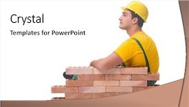  Presentation with building construction water supply - Audience pleasing PPT theme consisting of masonry works - handsome construction worker building brick backdrop and a white colored foreground