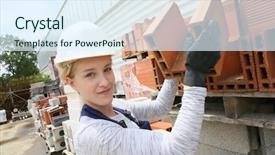  Presentation with construction site construction - Colorful presentation enhanced with masonry works - young apprentice working on construction backdrop and a sky blue colored foreground