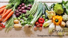  Presentation with mass - Audience pleasing slide set consisting of mass marketing - assortment of fresh vegetables backdrop and a coral colored foreground