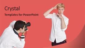  Presentation with actor - Audience pleasing presentation design consisting of mass shooting - male actor being photographed backdrop and a coral colored foreground