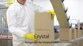  Presentation with production line - Slide set enhanced with mass transfer - manual worker in white uniform background and a coral colored foreground