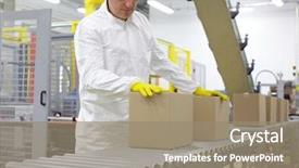  Presentation with production line - Amazing presentation theme having mass transfer - manual worker in white uniform backdrop and a coral colored foreground