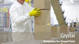  Presentation with production line - Audience pleasing presentation design consisting of mass transfer - manual worker in white uniform backdrop and a gray colored foreground