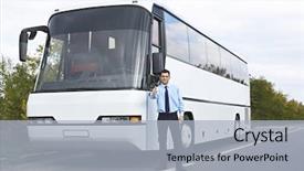  Presentation with bus transportation - Amazing slides having standing in front of bus backdrop and a light blue colored foreground