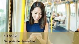  Presentation with sms - PPT theme featuring urban mobility - woman sending sms on cellphone background and a yellow colored foreground