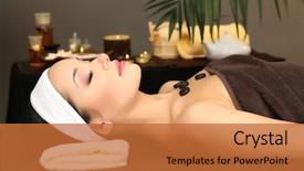  Presentation with spa salon - Slide deck featuring massage candle - beautiful young woman in spa background and a  colored foreground