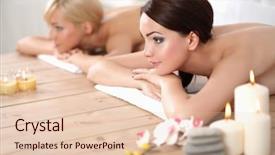  Presentation with beautiful black women smiling - Amazing PPT layouts having massage candle - two young beautiful women relaxing backdrop and a  colored foreground