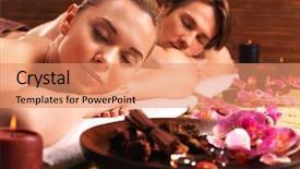  Presentation with spa salon - Presentation theme having massage desks on the spa background and a coral colored foreground