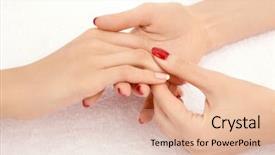  Presentation with well - Presentation theme with massage of the female well-groomed hands isolated background and a lemonade colored foreground