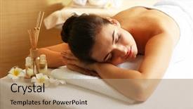  Presentation with indian woman face beauty - Audience pleasing slide deck consisting of massage table in beauty spa backdrop and a coral colored foreground