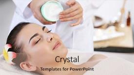  Presentation with process - Theme consisting of masseur putting cream on woman's face during massage process at beauty spa background and a coral colored foreground