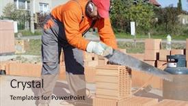  Presentation with house building - PPT theme enhanced with master bricklayer building-up one background and a coral colored foreground