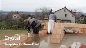  Presentation with house building - Beautiful slides featuring master bricklayer building-up one backdrop and a coral colored foreground