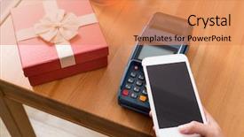  Presentation with pos - Amazing slide deck having master data - cellphone pay on pos machine backdrop and a coral colored foreground