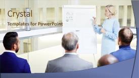  Presentation with whiteboard - Colorful slide set enhanced with master data - confident lecturer looking at whiteboard backdrop and a  colored foreground