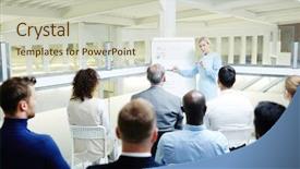  Presentation with group of students raising hands - Slide set featuring master data - group of students listening background and a soft green colored foreground