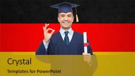  Presentation with adult education - Presentation theme enhanced with master degree - education graduation gesture and people background and a gold colored foreground