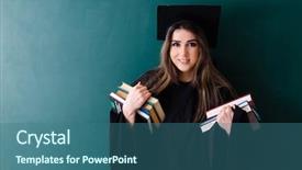  Presentation with green - Audience pleasing theme consisting of master hat book - female graduate student in front backdrop and a ocean colored foreground