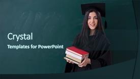  Presentation with greek column front - Audience pleasing slide set consisting of master hat book - female graduate student in front backdrop and a ocean colored foreground