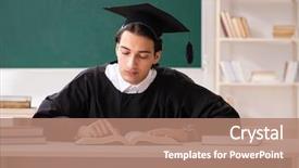  Presentation with greek column front - PPT theme featuring master hat book - graduate student in front background and a coral colored foreground