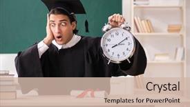  Presentation with greek column front - PPT theme having master hat book - graduate student in front background and a soft green colored foreground