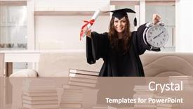  Presentation with university student internship - PPT theme having master hat book - young female student graduating background and a coral colored foreground