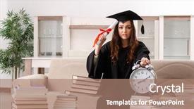  Presentation with worried young female college student - Beautiful PPT theme featuring master hat book - young female student graduating backdrop and a coral colored foreground