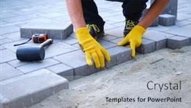  Presentation with brick paving - Colorful PPT theme enhanced with master in yellow gloves lays paving stones in layers garden brick pathway paving by professional paver worker laying gray concrete paving slabs in house courtyard on sand foundation base backdrop and a light gray colored foreground